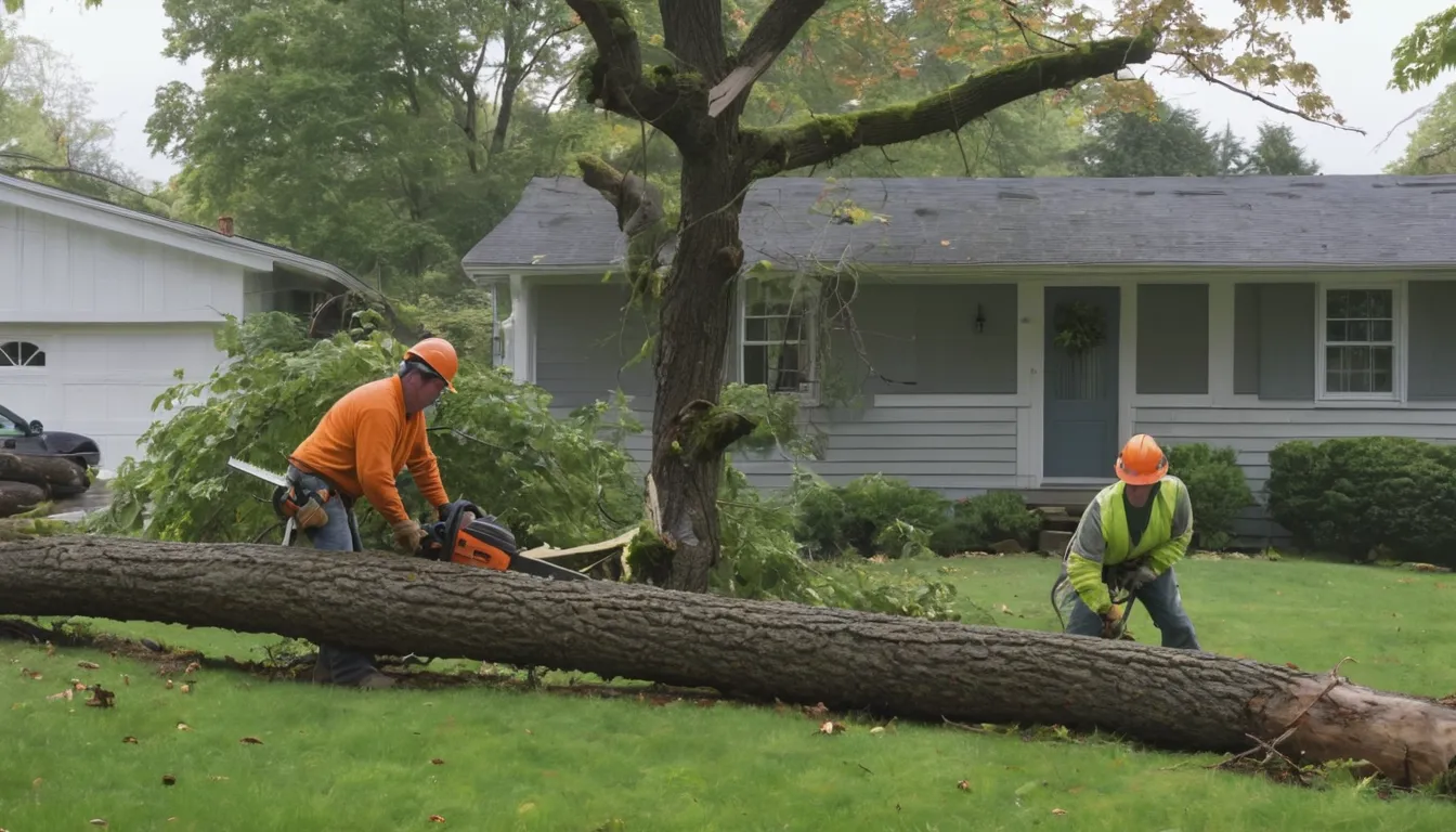 Provider crew safely removing a storm-damaged tree near a home in St. Paul
